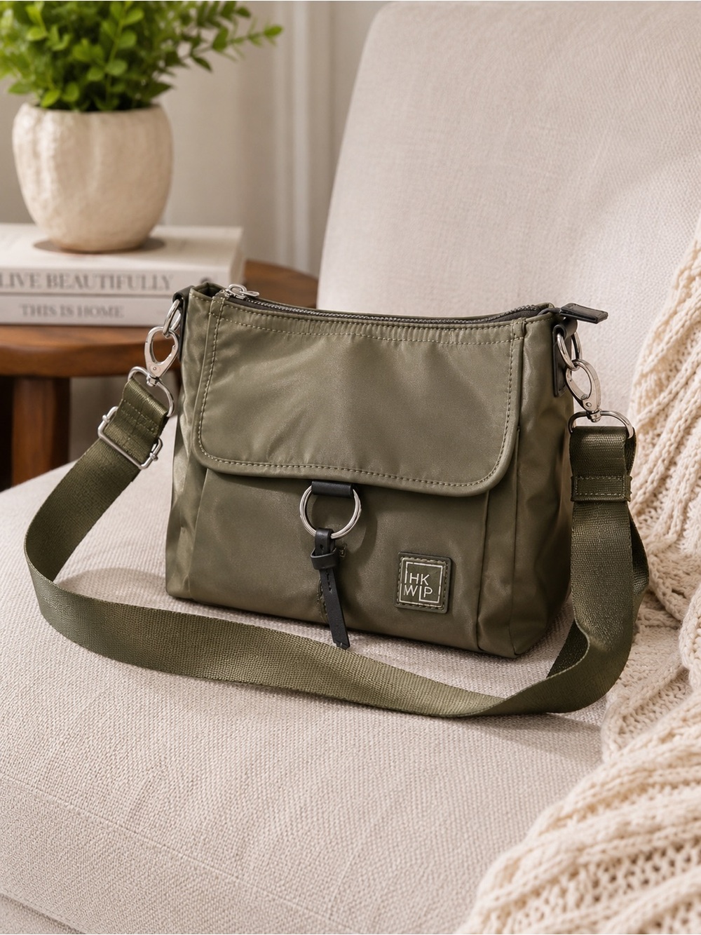 IHKWIP Olive Green Crossbody Bag with Silver Ring Accent